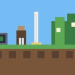 Pixel-art gaming scene showing an old Minecraft-style world being rebuilt into a larger new world
