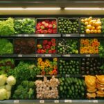Rows of fresh produce and supermarket aisles illustrating a large-scale grocery store video challenge